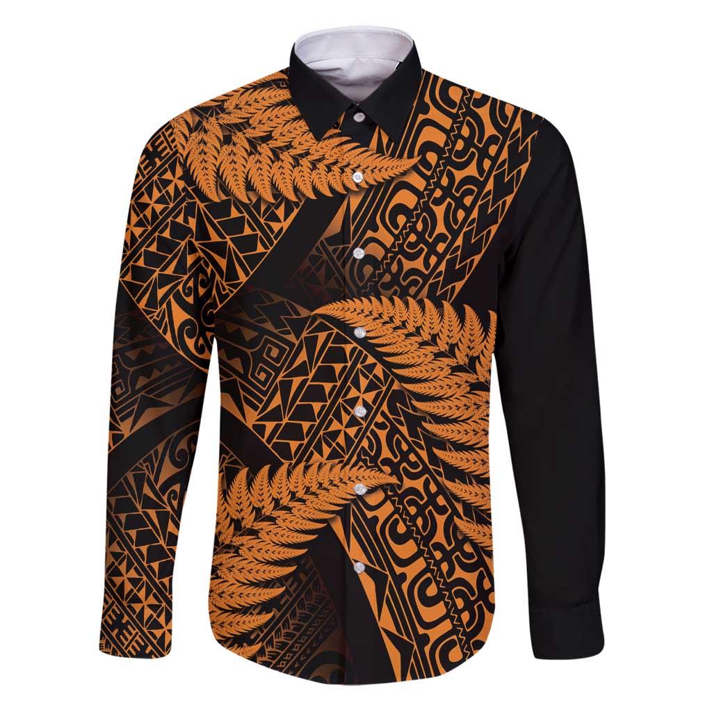 New Zealand Rugby Pacific Personalised Family Matching Puletasi and Hawaiian Shirt All Gold Maori Pasifika Fern Pattern LT9 Dad's Shirt - Long Sleeve Gold - Polynesian Pride