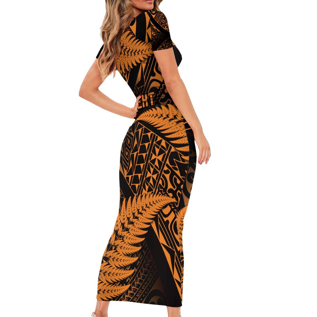 New Zealand Rugby Pacific Personalised Family Matching Short Sleeve Bodycon Dress and Hawaiian Shirt All Gold Maori Pasifika Fern Pattern LT9 - Polynesian Pride
