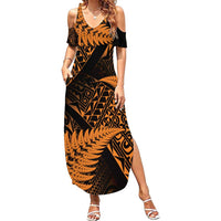 New Zealand Rugby Pacific Personalised Family Matching Summer Maxi Dress and Hawaiian Shirt All Gold Maori Pasifika Fern Pattern LT9 Mom's Dress Gold - Polynesian Pride