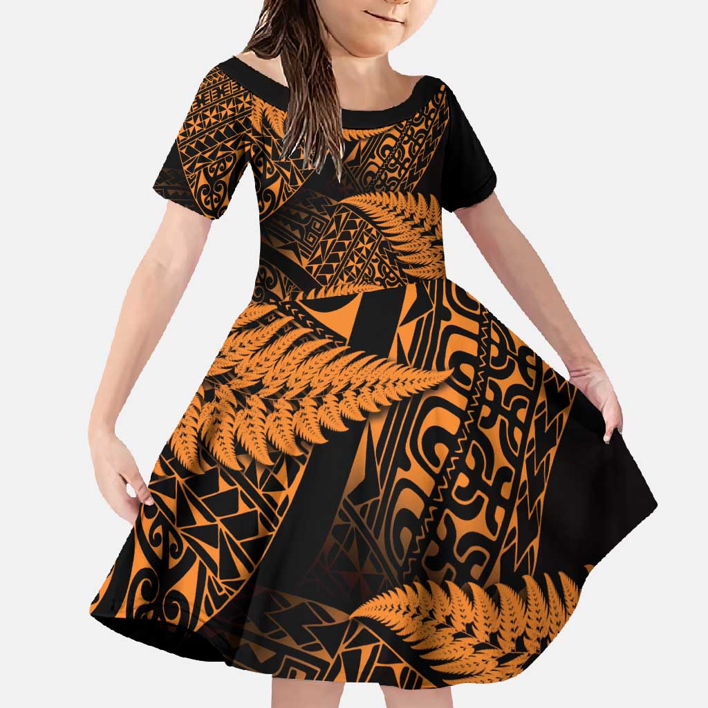 New Zealand Rugby Pacific Personalised Family Matching Tank Maxi Dress and Hawaiian Shirt All Gold Maori Pasifika Fern Pattern LT9 Daughter's Dress Gold - Polynesian Pride