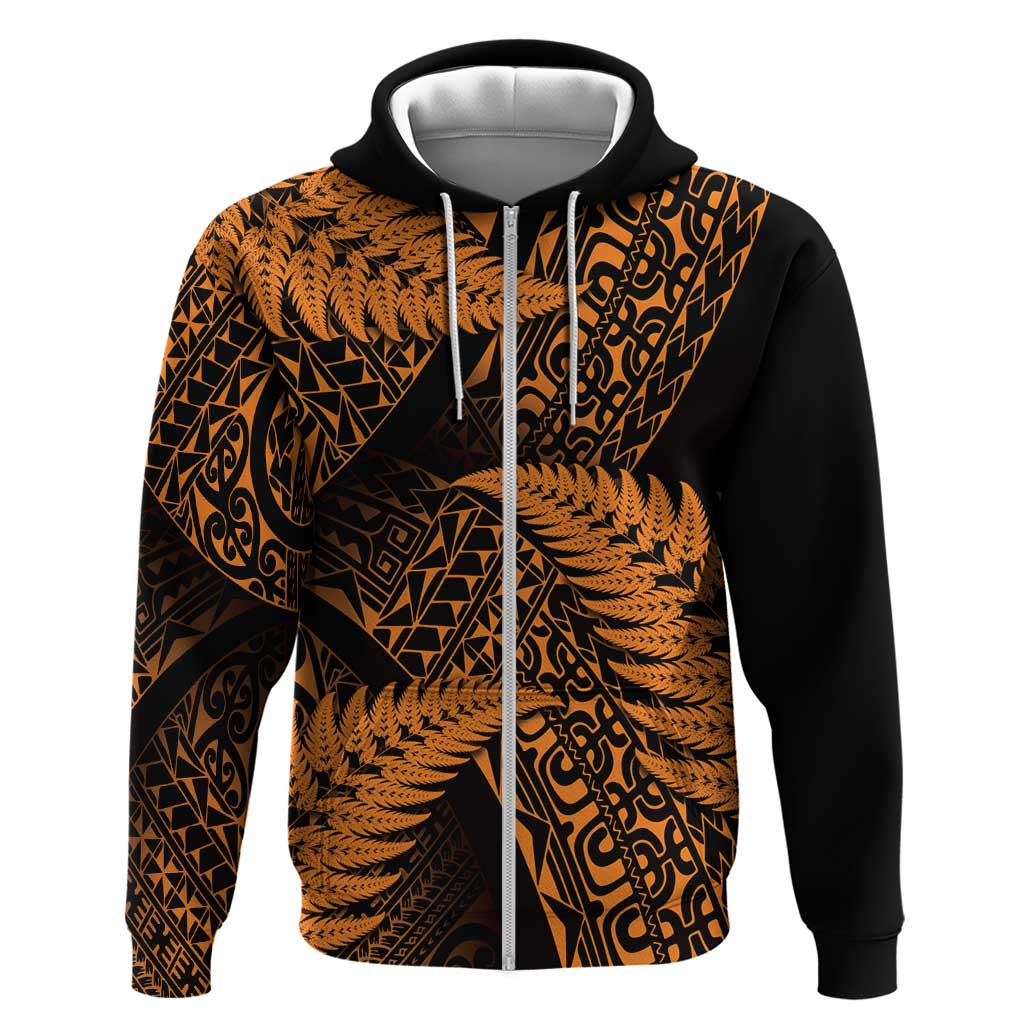 New Zealand Rugby Pacific Personalised Hoodie All Gold Maori Pasifika Fern Pattern LT9 Zip Hoodie Gold - Polynesian Pride
