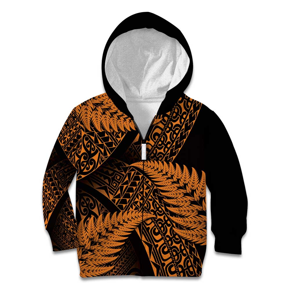 New Zealand Rugby Pacific Personalised Kid Hoodie All Gold Maori Pasifika Fern Pattern LT9 Zip Hoodie Gold - Polynesian Pride