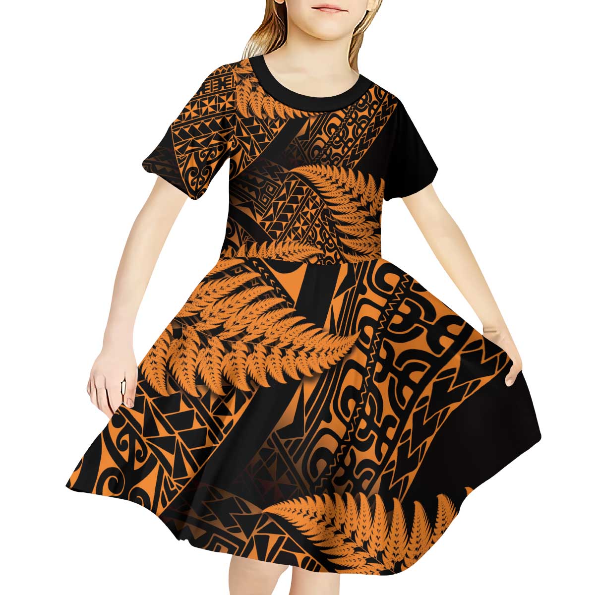 New Zealand Rugby Pacific Personalised Kid Short Sleeve Dress All Gold Maori Pasifika Fern Pattern LT9 - Polynesian Pride