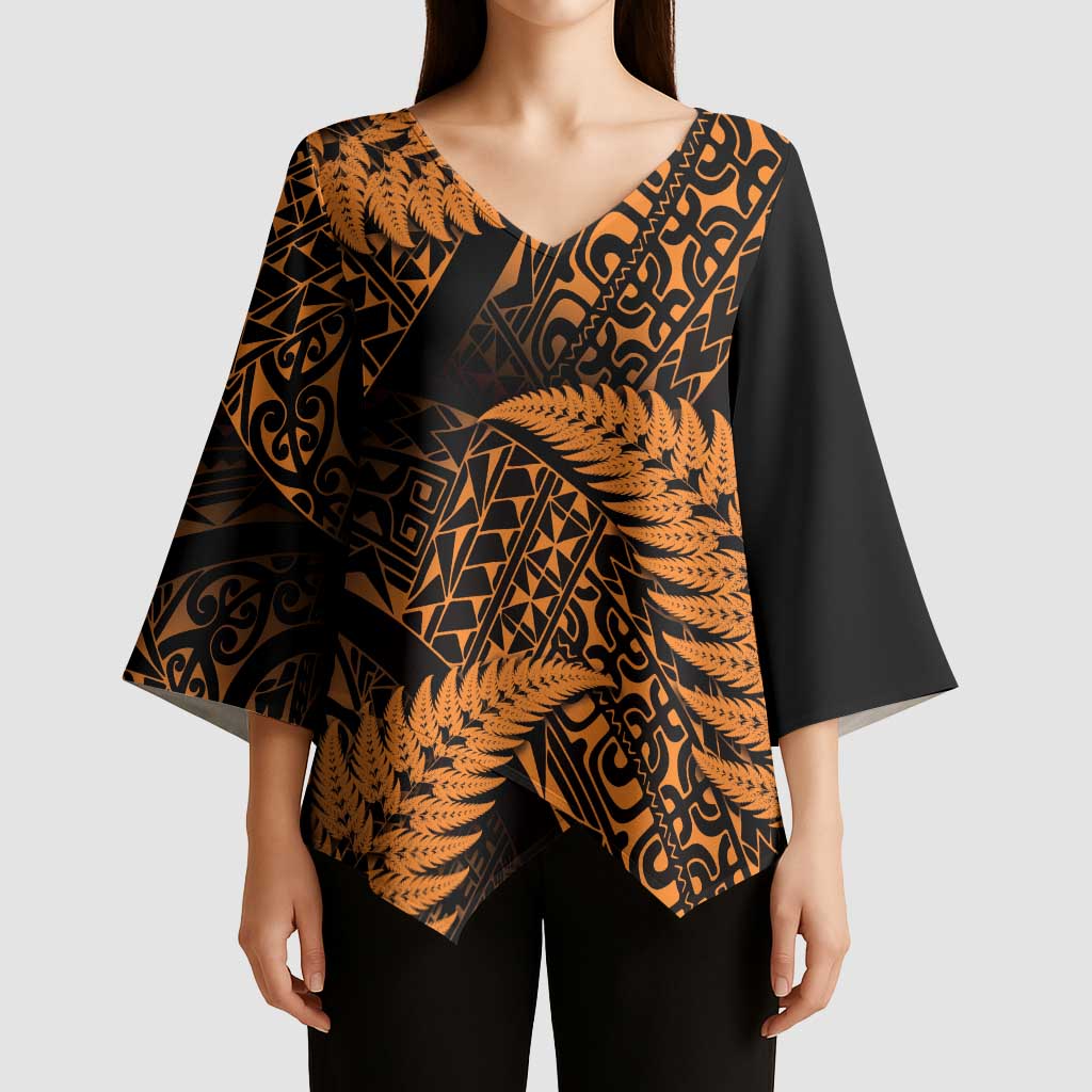 New Zealand Rugby Pacific Personalised Kimono Sleeve Blouse All Gold Maori Pasifika Fern Pattern LT9 - Polynesian Pride