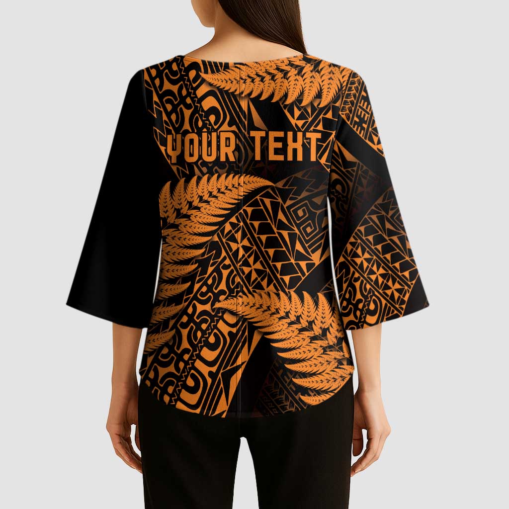 New Zealand Rugby Pacific Personalised Kimono Sleeve Blouse All Gold Maori Pasifika Fern Pattern LT9 - Polynesian Pride