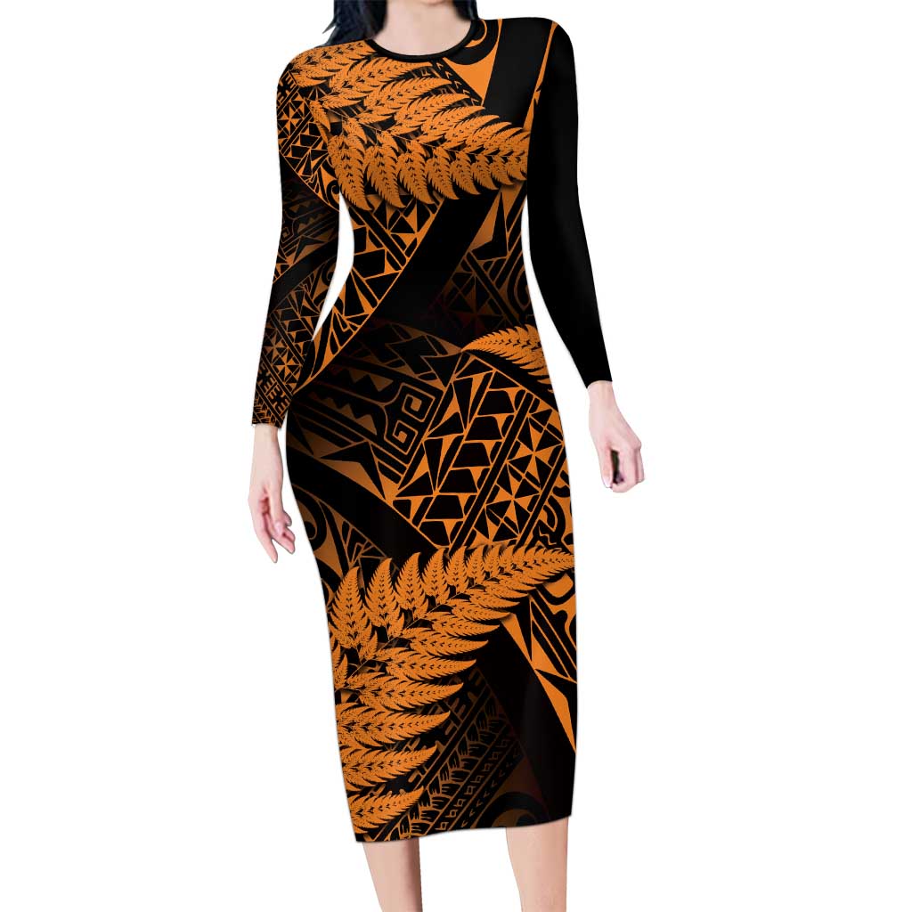 New Zealand Rugby Pacific Personalised Long Sleeve Bodycon Dress All Gold Maori Pasifika Fern Pattern LT9 Long Dress Gold - Polynesian Pride