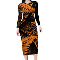 New Zealand Rugby Pacific Personalised Long Sleeve Bodycon Dress All Gold Maori Pasifika Fern Pattern LT9 Long Dress Gold - Polynesian Pride