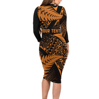 New Zealand Rugby Pacific Personalised Long Sleeve Bodycon Dress All Gold Maori Pasifika Fern Pattern LT9 - Polynesian Pride