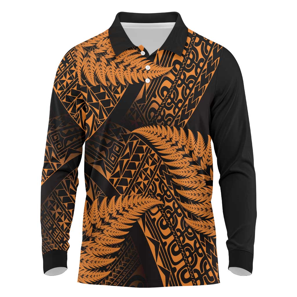 New Zealand Rugby Pacific Personalised Long Sleeve Polo Shirt All Gold Maori Pasifika Fern Pattern LT9 Gold - Polynesian Pride