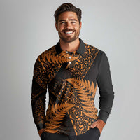 New Zealand Rugby Pacific Personalised Long Sleeve Polo Shirt All Gold Maori Pasifika Fern Pattern LT9 - Polynesian Pride