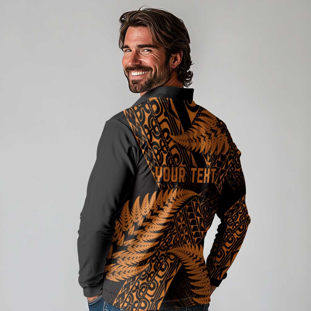 New Zealand Rugby Pacific Personalised Long Sleeve Polo Shirt All Gold Maori Pasifika Fern Pattern LT9 - Polynesian Pride