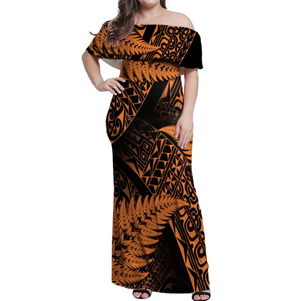 New Zealand Rugby Pacific Personalised Off Shoulder Maxi Dress All Gold Maori Pasifika Fern Pattern LT9 Women Gold - Polynesian Pride