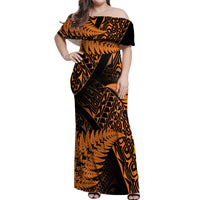 New Zealand Rugby Pacific Personalised Off Shoulder Maxi Dress All Gold Maori Pasifika Fern Pattern LT9 Women Gold - Polynesian Pride