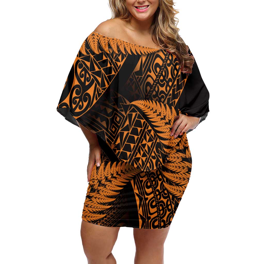 New Zealand Rugby Pacific Personalised Off Shoulder Short Dress All Gold Maori Pasifika Fern Pattern