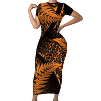 New Zealand Rugby Pacific Personalised Short Sleeve Bodycon Dress All Gold Maori Pasifika Fern Pattern LT9 Long Dress Gold - Polynesian Pride