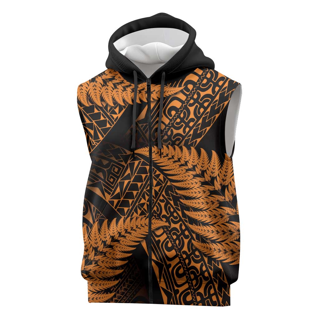 New Zealand Rugby Pacific Personalised Sleeveless Zip Hoodie All Gold Maori Pasifika Fern Pattern - Polynesian Pride