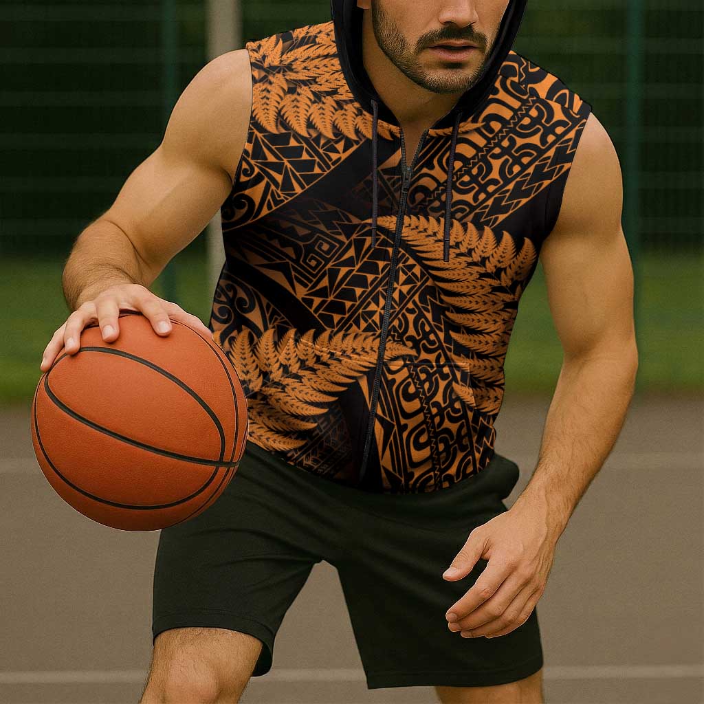 New Zealand Rugby Pacific Personalised Sleeveless Zip Hoodie All Gold Maori Pasifika Fern Pattern LT9 - Polynesian Pride