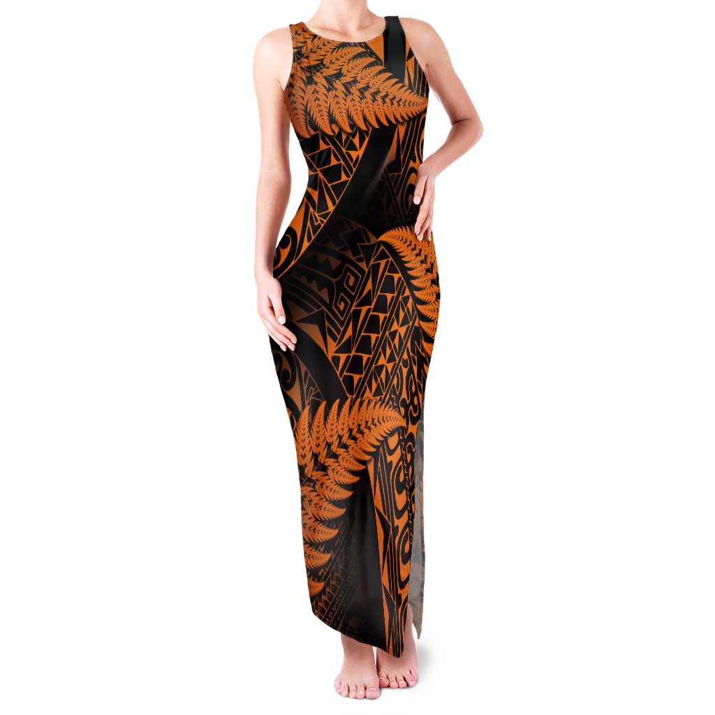 New Zealand Rugby Pacific Personalised Tank Maxi Dress All Gold Maori Pasifika Fern Pattern LT9 Women Gold - Polynesian Pride