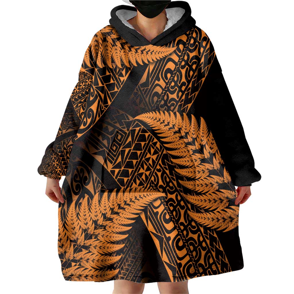 New Zealand Rugby Pacific Personalised Wearable Blanket Hoodie All Gold Maori Pasifika Fern Pattern LT9 - Polynesian Pride