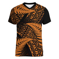 New Zealand Rugby Pacific Personalised Women V-Neck T-Shirt All Gold Maori Pasifika Fern Pattern LT9 Female Gold - Polynesian Pride