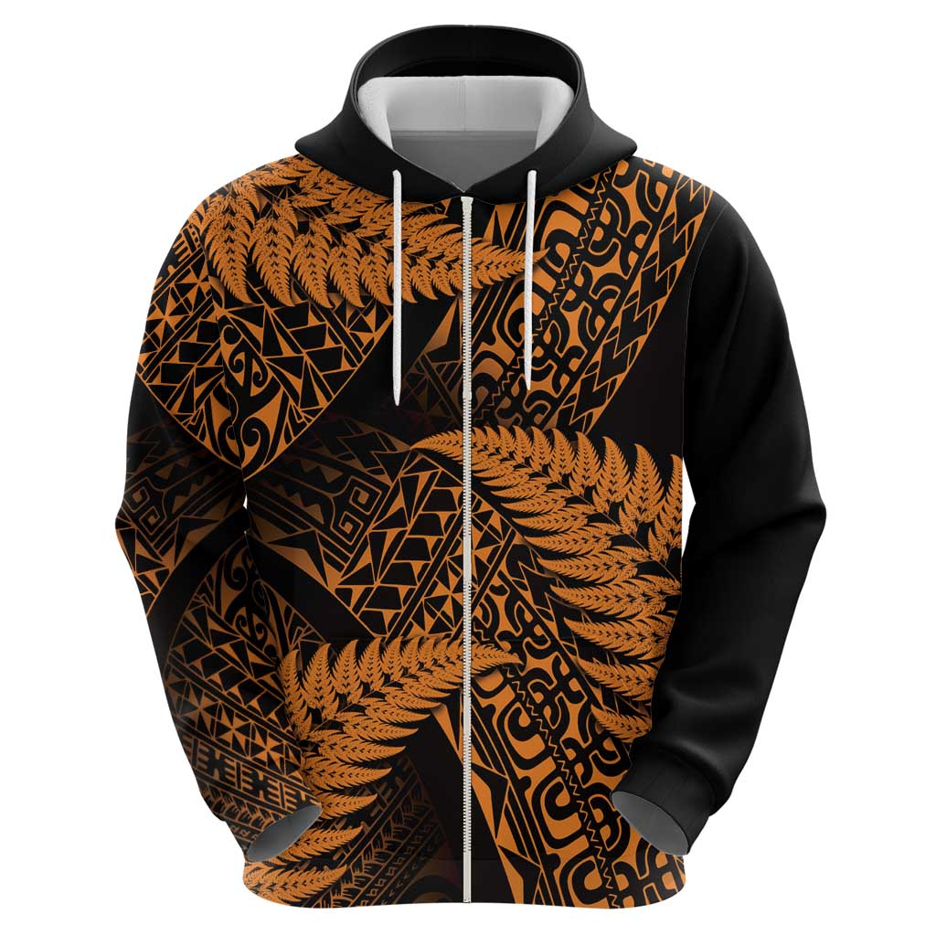 New Zealand Rugby Pacific Personalised Zip Hoodie All Gold Maori Pasifika Fern Pattern LT9 - Polynesian Pride