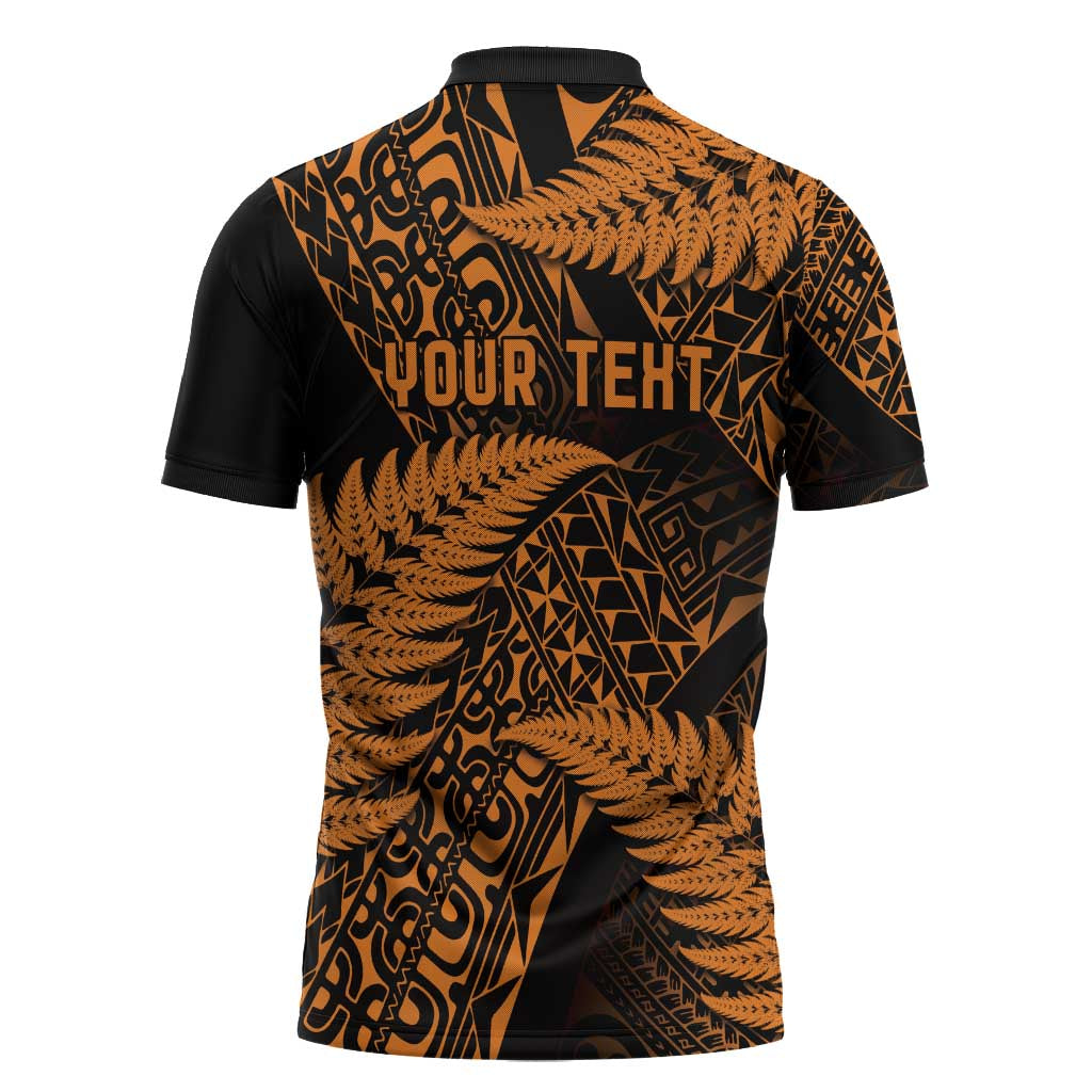 New Zealand Rugby Pacific Personalised Zipper Polo Shirt All Gold Maori Pasifika Fern Pattern LT9 - Polynesian Pride