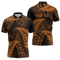 New Zealand Rugby Pacific Personalised Zipper Polo Shirt All Gold Maori Pasifika Fern Pattern LT9 - Polynesian Pride