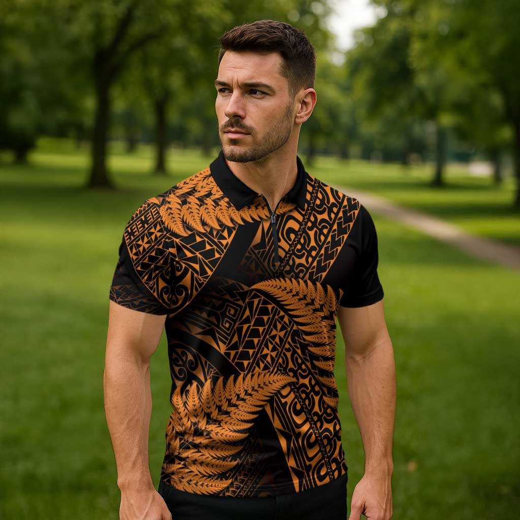 New Zealand Rugby Pacific Personalised Zipper Polo Shirt All Gold Maori Pasifika Fern Pattern LT9 - Polynesian Pride