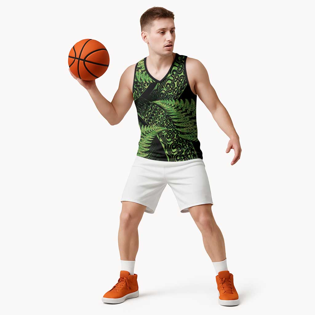 New Zealand Rugby Pacific Personalised Basketball Jersey All Lime Maori Pasifika Fern Pattern - Polynesian Pride