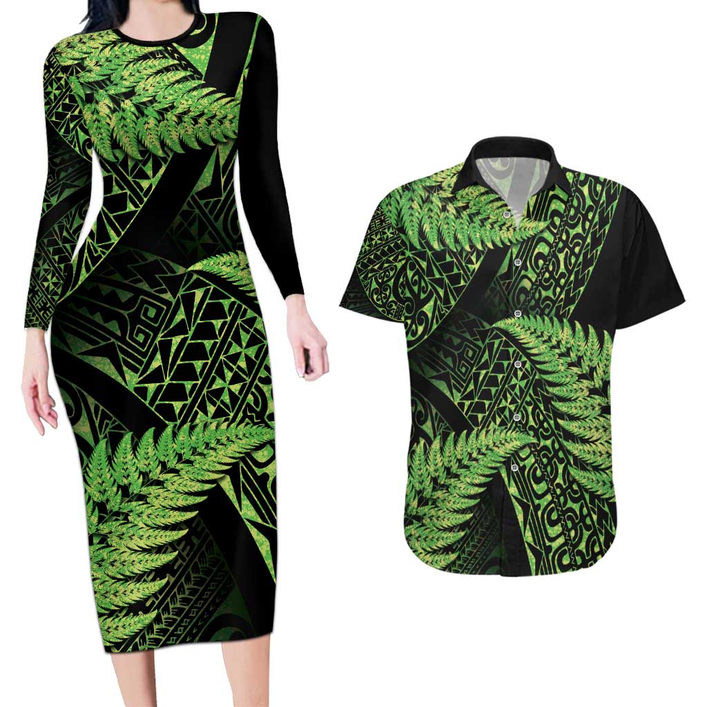 New Zealand Rugby Pacific Personalised Couples Matching Long Sleeve Bodycon Dress and Hawaiian Shirt All Lime Maori Pasifika Fern Pattern LT9 Lime - Polynesian Pride