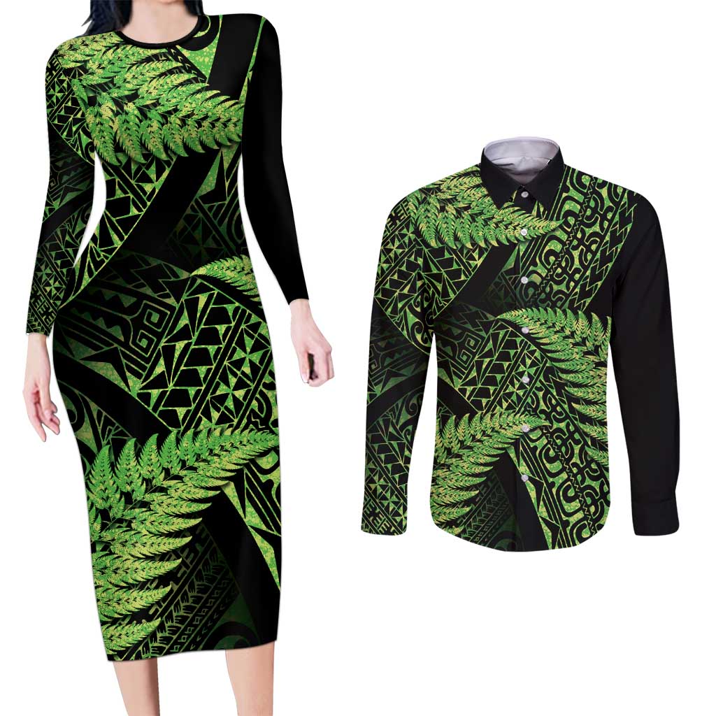 New Zealand Rugby Pacific Personalised Couples Matching Long Sleeve Bodycon Dress and Long Sleeve Button Shirt All Lime Maori Pasifika Fern Pattern LT9 Lime - Polynesian Pride