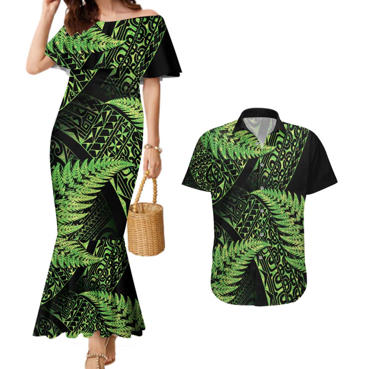 New Zealand Rugby Pacific Personalised Couples Matching Mermaid Dress and Hawaiian Shirt All Lime Maori Pasifika Fern Pattern LT9 Lime - Polynesian Pride