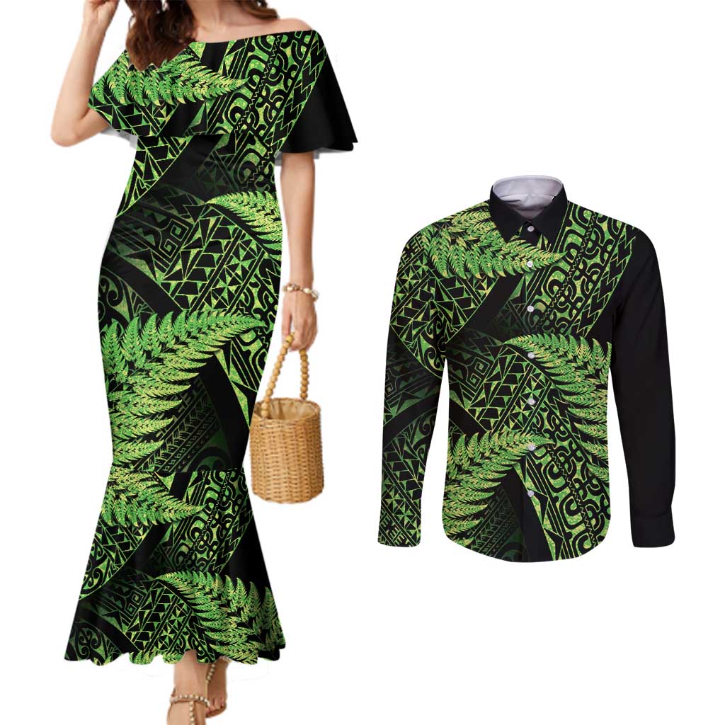 New Zealand Rugby Pacific Personalised Couples Matching Mermaid Dress and Long Sleeve Button Shirt All Lime Maori Pasifika Fern Pattern LT9 Lime - Polynesian Pride