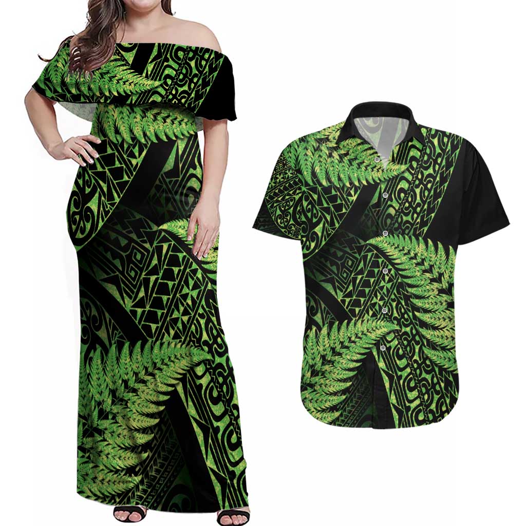 New Zealand Rugby Pacific Personalised Couples Matching Off Shoulder Maxi Dress and Hawaiian Shirt All Lime Maori Pasifika Fern Pattern LT9 Lime - Polynesian Pride