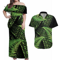 New Zealand Rugby Pacific Personalised Couples Matching Off Shoulder Maxi Dress and Hawaiian Shirt All Lime Maori Pasifika Fern Pattern LT9 Lime - Polynesian Pride