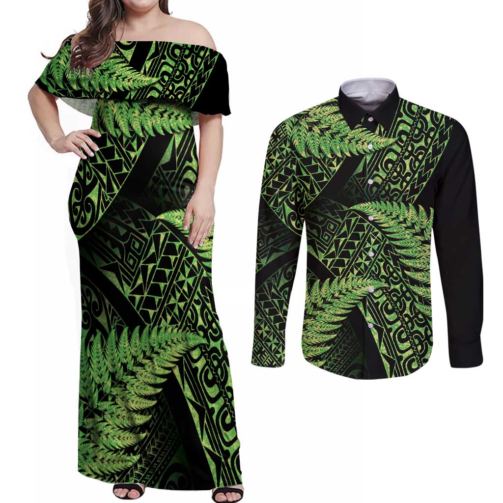 New Zealand Rugby Pacific Personalised Couples Matching Off Shoulder Maxi Dress and Long Sleeve Button Shirt All Lime Maori Pasifika Fern Pattern LT9 Lime - Polynesian Pride