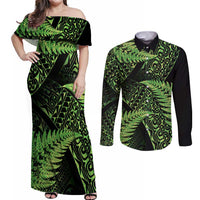 New Zealand Rugby Pacific Personalised Couples Matching Off Shoulder Maxi Dress and Long Sleeve Button Shirt All Lime Maori Pasifika Fern Pattern LT9 Lime - Polynesian Pride