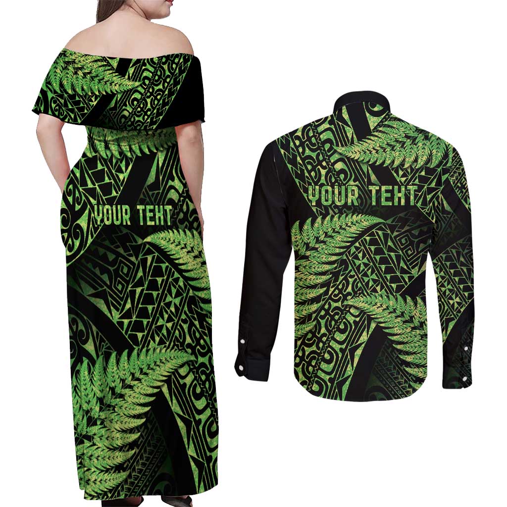 New Zealand Rugby Pacific Personalised Couples Matching Off Shoulder Maxi Dress and Long Sleeve Button Shirt All Lime Maori Pasifika Fern Pattern LT9 - Polynesian Pride
