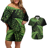 New Zealand Rugby Pacific Personalised Couples Matching Off Shoulder Short Dress and Hawaiian Shirt All Lime Maori Pasifika Fern Pattern LT9 Lime - Polynesian Pride