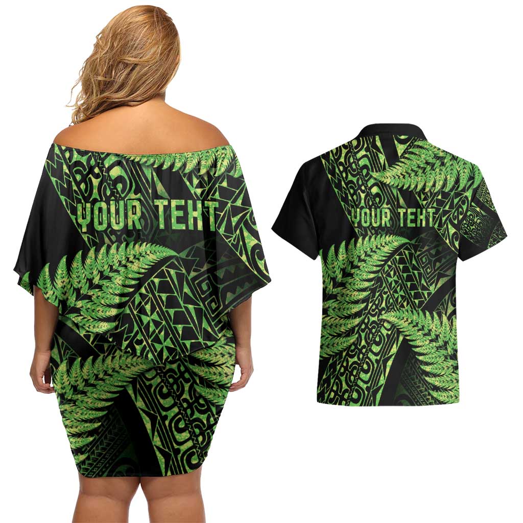 New Zealand Rugby Pacific Personalised Couples Matching Off Shoulder Short Dress and Hawaiian Shirt All Lime Maori Pasifika Fern Pattern LT9 - Polynesian Pride