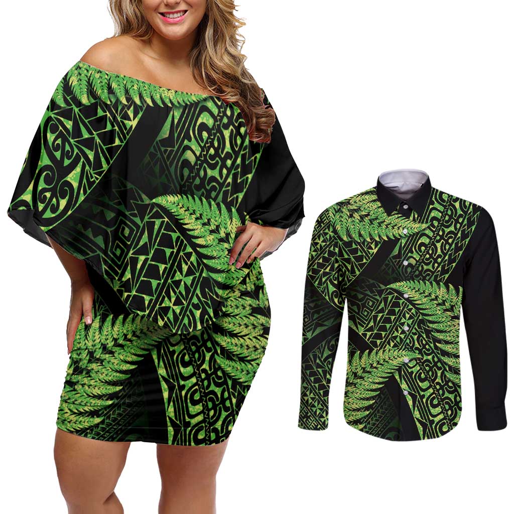 New Zealand Rugby Pacific Personalised Couples Matching Off Shoulder Short Dress and Long Sleeve Button Shirt All Lime Maori Pasifika Fern Pattern LT9 Lime - Polynesian Pride