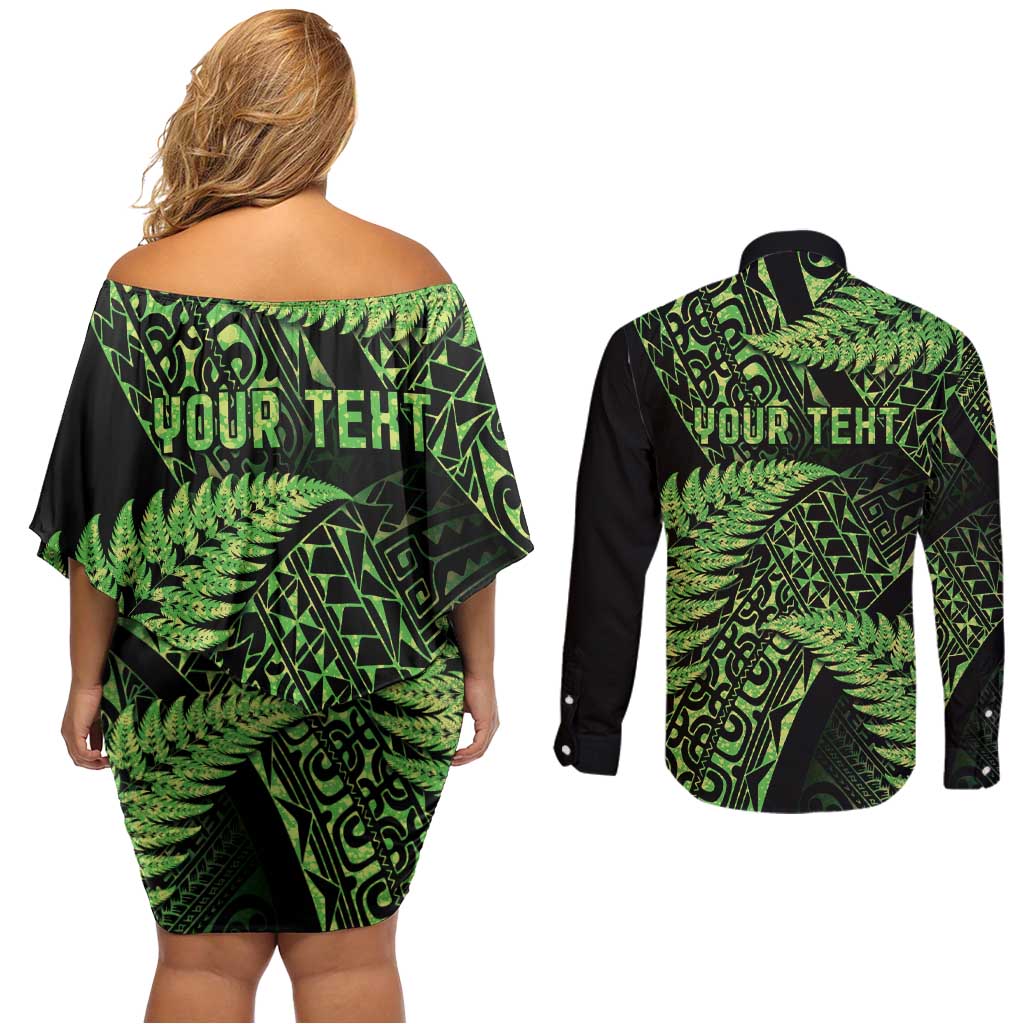 New Zealand Rugby Pacific Personalised Couples Matching Off Shoulder Short Dress and Long Sleeve Button Shirt All Lime Maori Pasifika Fern Pattern LT9 - Polynesian Pride