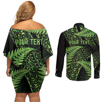 New Zealand Rugby Pacific Personalised Couples Matching Off Shoulder Short Dress and Long Sleeve Button Shirt All Lime Maori Pasifika Fern Pattern LT9 - Polynesian Pride