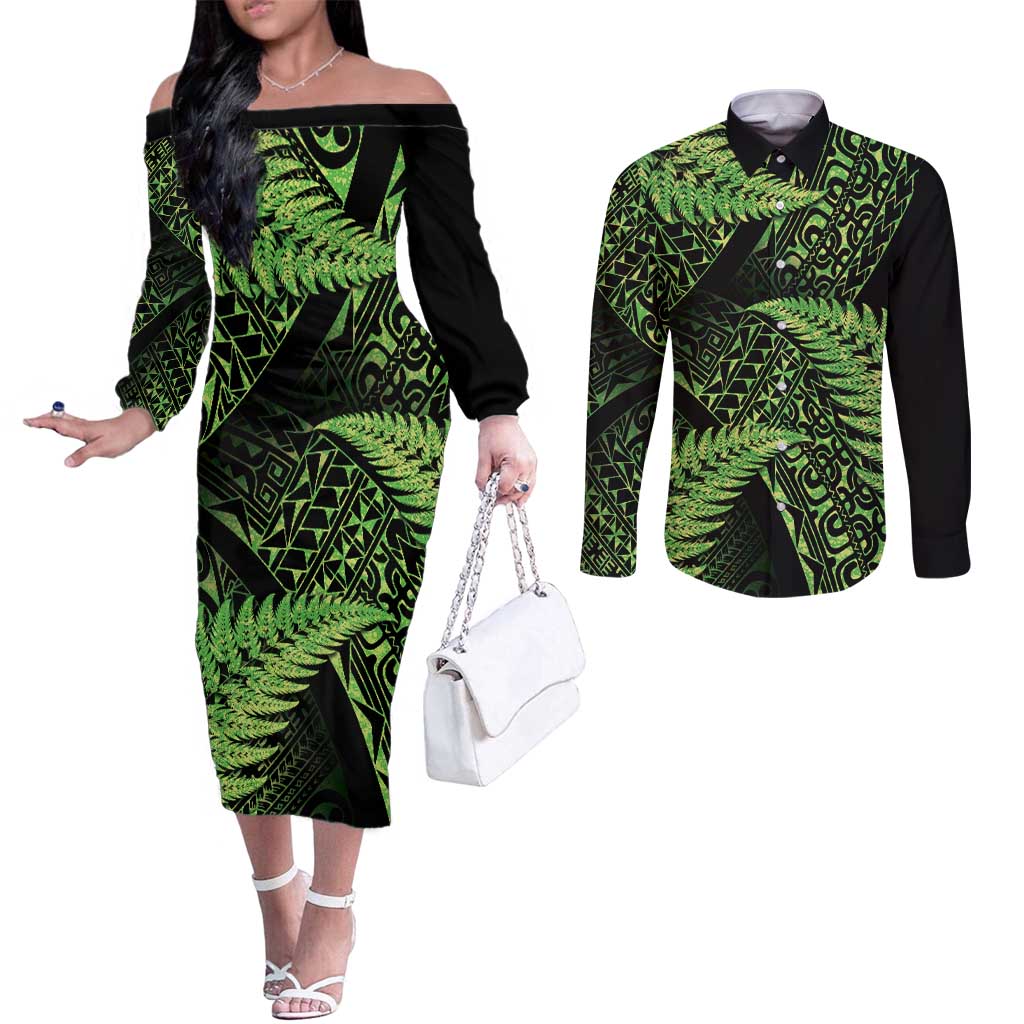 New Zealand Rugby Pacific Personalised Couples Matching Off The Shoulder Long Sleeve Dress and Long Sleeve Button Shirt All Lime Maori Pasifika Fern Pattern LT9 Lime - Polynesian Pride