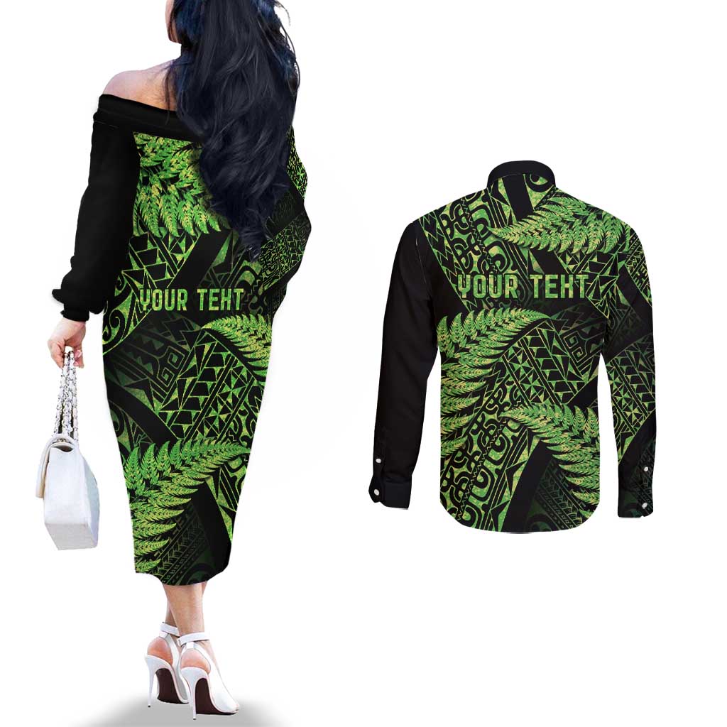 New Zealand Rugby Pacific Personalised Couples Matching Off The Shoulder Long Sleeve Dress and Long Sleeve Button Shirt All Lime Maori Pasifika Fern Pattern LT9 - Polynesian Pride
