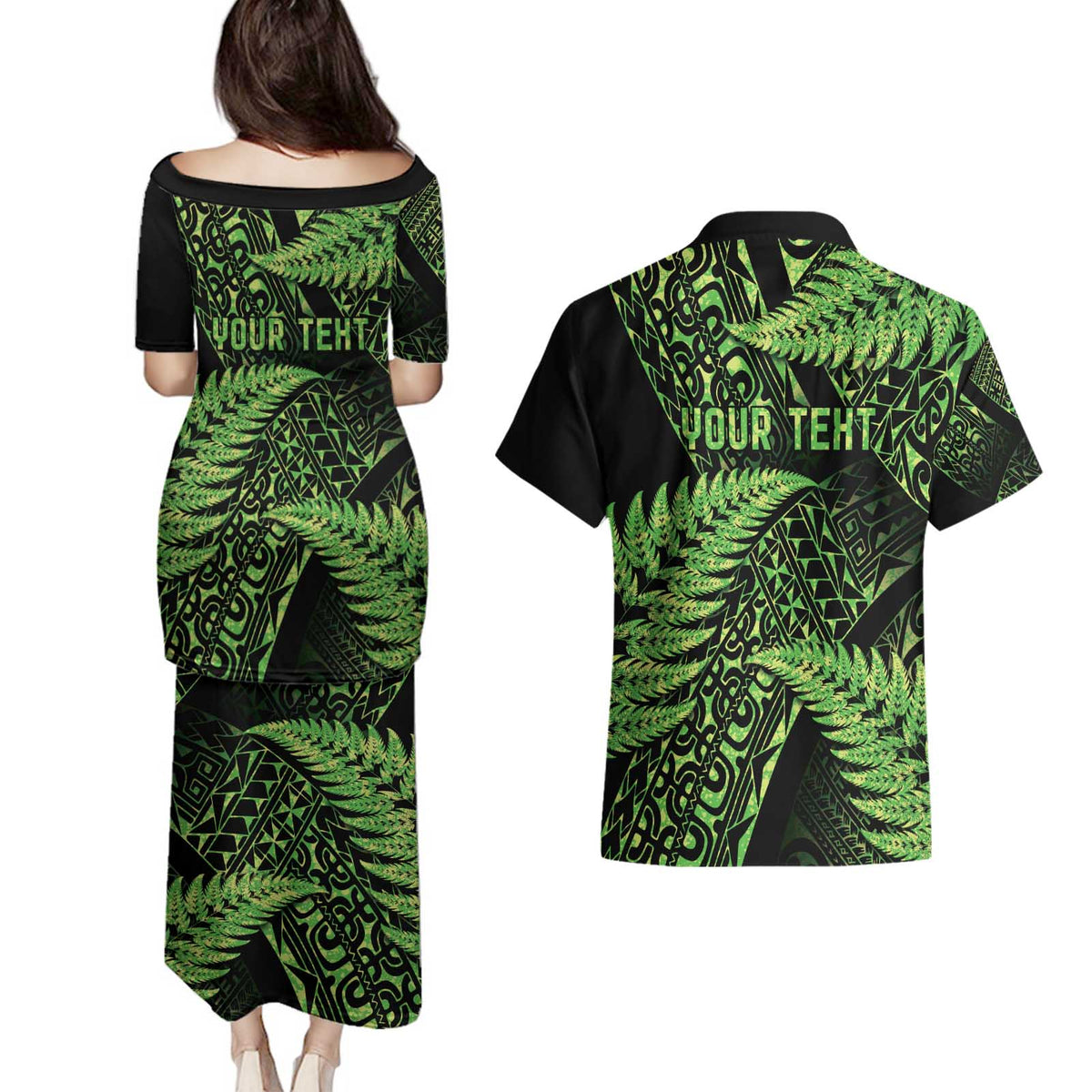 New Zealand Rugby Pacific Personalised Couples Matching Puletasi and Hawaiian Shirt All Lime Maori Pasifika Fern Pattern LT9 - Polynesian Pride