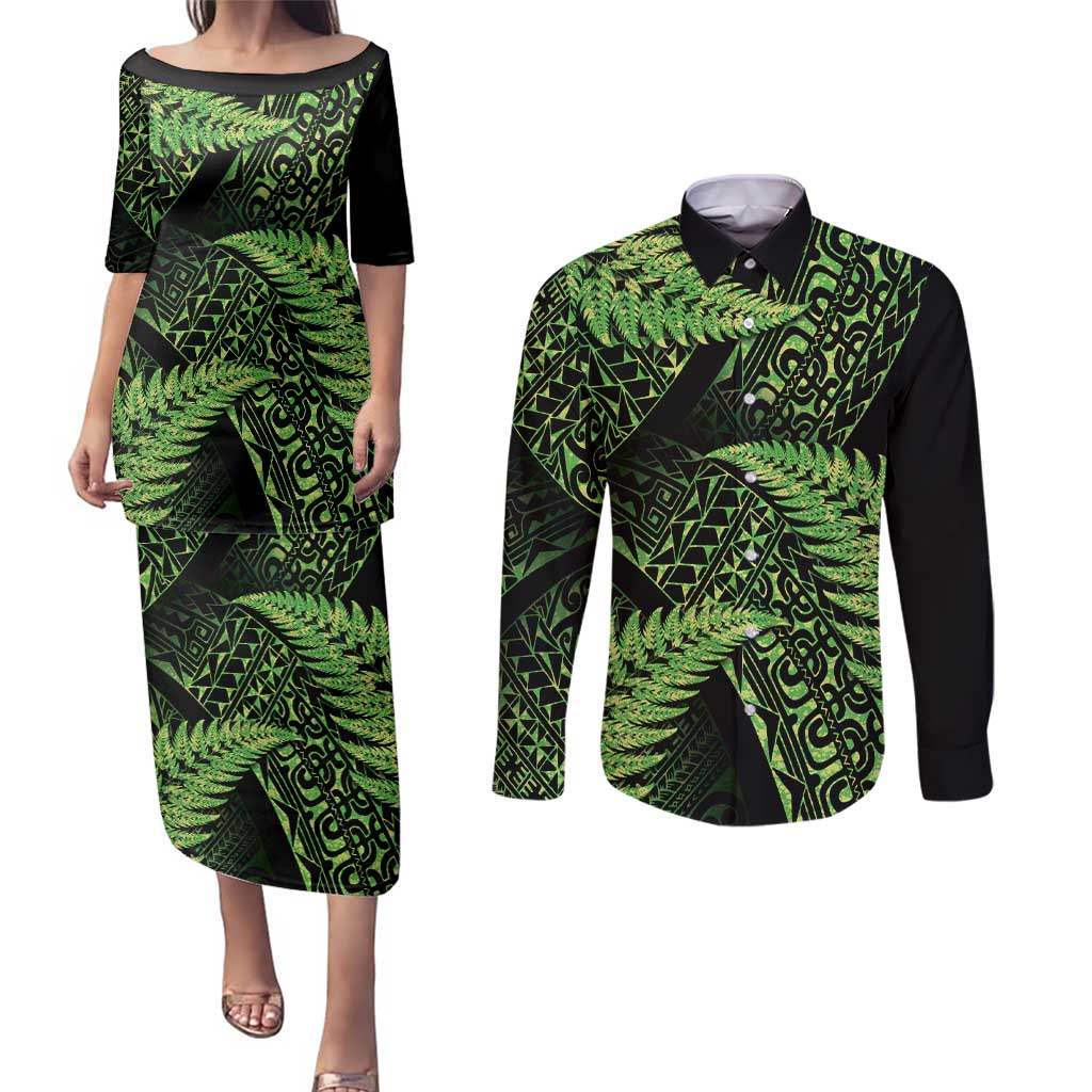 New Zealand Rugby Pacific Personalised Couples Matching Puletasi and Long Sleeve Button Shirt All Lime Maori Pasifika Fern Pattern LT9 Lime - Polynesian Pride