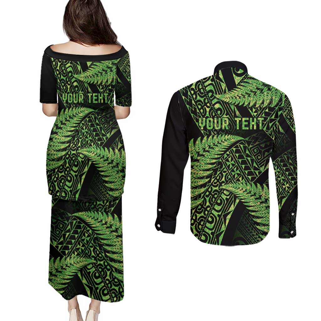 New Zealand Rugby Pacific Personalised Couples Matching Puletasi and Long Sleeve Button Shirt All Lime Maori Pasifika Fern Pattern LT9 - Polynesian Pride