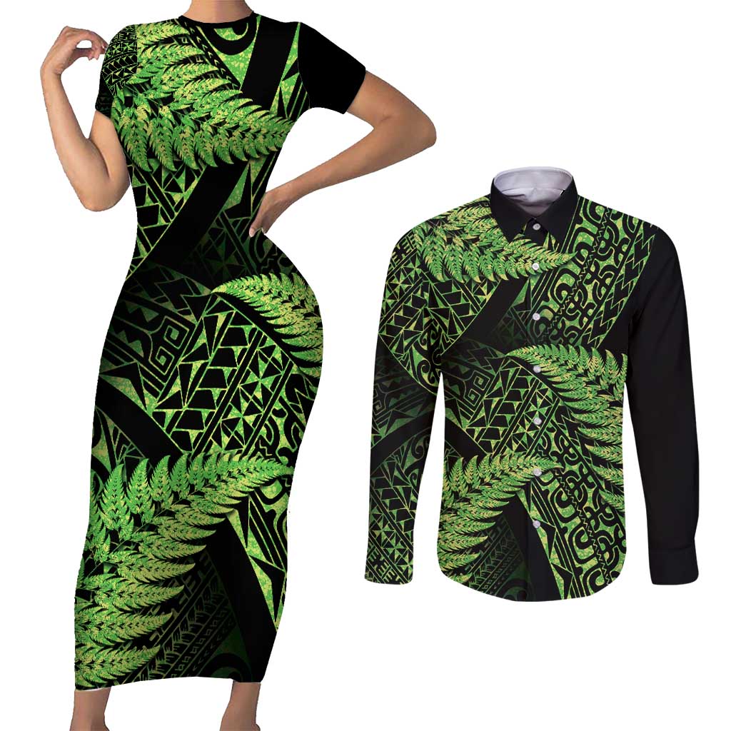 New Zealand Rugby Pacific Personalised Couples Matching Short Sleeve Bodycon Dress and Long Sleeve Button Shirt All Lime Maori Pasifika Fern Pattern LT9 Lime - Polynesian Pride