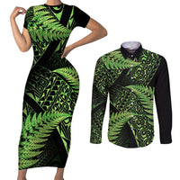 New Zealand Rugby Pacific Personalised Couples Matching Short Sleeve Bodycon Dress and Long Sleeve Button Shirt All Lime Maori Pasifika Fern Pattern LT9 Lime - Polynesian Pride